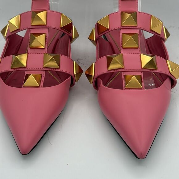 Valentino Roman Stud Leather Ankle Strap Flat Pink IT 37/ US 7 - Picture 4 of 14
